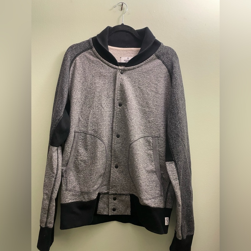 Men’s Reigning Champ Varsity Jacket Contrast Gray and Black XL fits smaller 22”